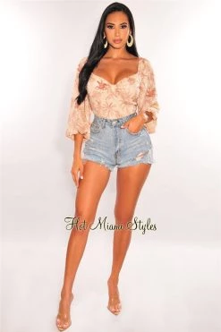 Vendor-unknown Nude Palm Print Long Sleeve Lace Up Back Crop Top