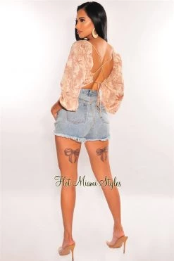 Vendor-unknown Nude Palm Print Long Sleeve Lace Up Back Crop Top