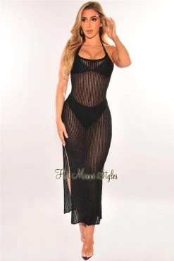 Vendor-unknown Black Crochet Halter Tie Up Back Slit Cover Up Dress Just In