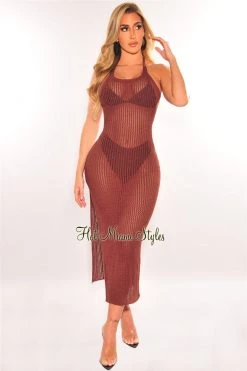 Vendor-unknown Chocolate Crochet Halter Tie Up Back Slit Cover Up Dress