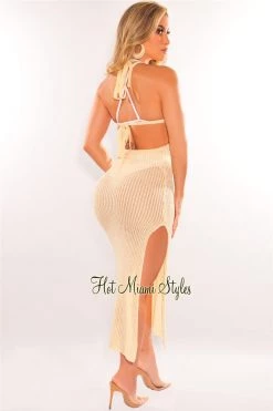Vendor-unknown Nude Crochet Halter Tie Up Back Slit Cover Up Dress Just In