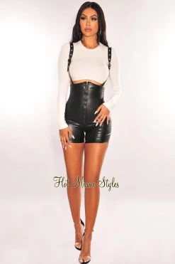 Fashion Wildcat Just In Black Faux Leather Overall Shorts