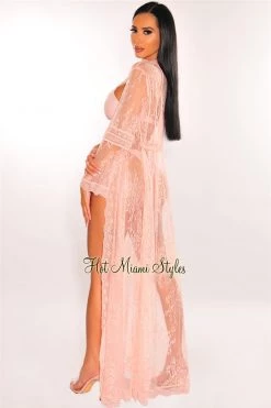 Vendor-unknown Blush Floral Lace Crochet Sheer Tie Up Cover Up Just In