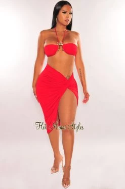 Vendor-unknown Sets Red Gold Ring Halter Knotted Slit Skirt Two Piece Set