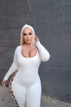 Dexire White Long Sleeve Lace Up Back Jumpsuit Just In