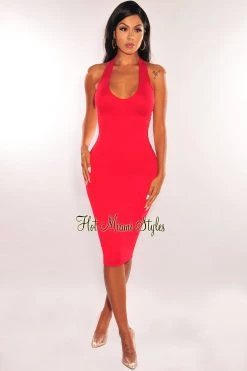 Dexire Red V Neck Double Lined Open Back Midi Dress