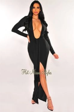Vendor-unknown Black Silky Plunge V Neck Ruffle Sleeve Maxi Dress Just In