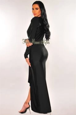 Vendor-unknown Black Silky Plunge V Neck Ruffle Sleeve Maxi Dress Just In