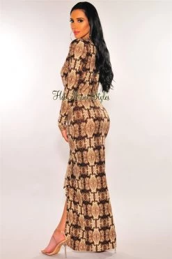 Vendor-unknown Just In Brown Snake Print Plunge V Neck Ruffle Sleeve Maxi Dress