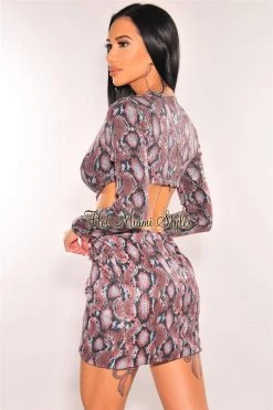 Vendor-unknown Snake Print Sequins Cut Out Long Sleeve Dress