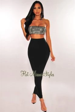 Vendor-unknown Black Rhinestone Midi Skirt Two Piece Set Just In