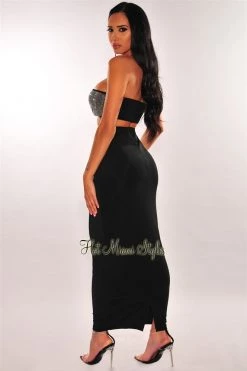 Vendor-unknown Black Rhinestone Midi Skirt Two Piece Set Just In