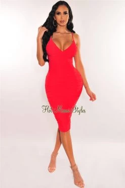 NIKIBIKI Just In Red V Neck Spaghetti Straps Ruched Dress
