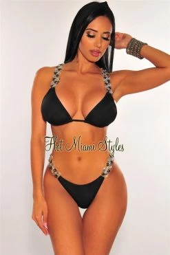Vendor-unknown Black Jeweled Tie Up Padded Bikini