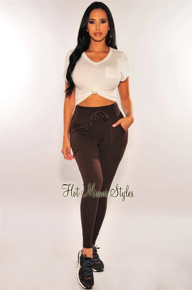 Pixie Dust HMS Lounge: Chocolate Elastic Waistband High Waist Cargo Jogger Leggings