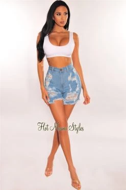 Vendor-unknown Just In Light Blue Denim High Waist Distressed Frayed Hem Biker Shorts