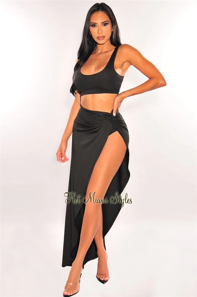 Vendor-unknown Just In Black Tank Knotted Slit Maxi Skirt Two Piece Set