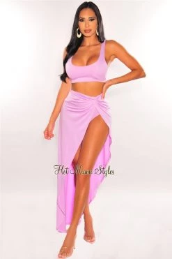 Vendor-unknown Just In Lavender Tank Knotted Slit Maxi Skirt Two Piece Set