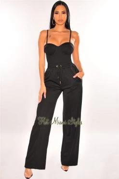 Vendor-unknown Black Padded Bustier Bodysuit Drawstring Palazzo Pants Two Piece Set Just In