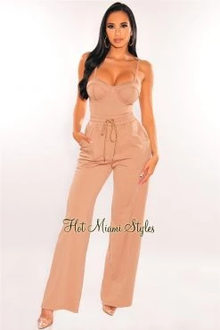 Sole Mio (set) Mocha Padded Bustier Bodysuit Drawstring Palazzo Pants Two Piece Set