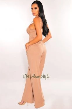 Sole Mio (set) Mocha Padded Bustier Bodysuit Drawstring Palazzo Pants Two Piece Set