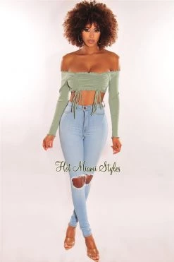 Vendor-unknown Sage Ribbed Off Shoulder Drawstring Tie Up Crop Top Just In