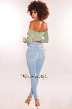 Vendor-unknown Sage Ribbed Off Shoulder Drawstring Tie Up Crop Top Just In