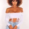 Vendor-unknown Just In White Ribbed Off Shoulder Drawstring Tie Up Crop Top