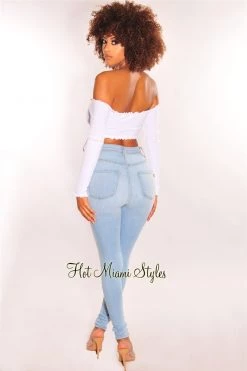 Vendor-unknown Just In White Ribbed Off Shoulder Drawstring Tie Up Crop Top