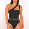 Vendor-unknown Just In Black Ribbed One Shoulder Sleeveless Keyhole Bodysuit