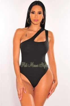 Vendor-unknown Just In Black Ribbed One Shoulder Sleeveless Keyhole Bodysuit
