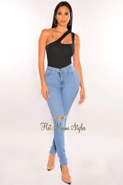 Vendor-unknown Just In Black Ribbed One Shoulder Sleeveless Keyhole Bodysuit