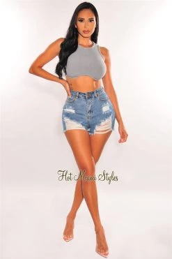 Vendor-unknown Gray Ribbed Sleeveless Bustier Crop Top Just In