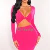 Vendor-unknown Just In Fuchsia V Neck Knotted Cut Out Long Sleeve Dress