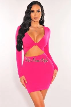 Vendor-unknown Just In Fuchsia V Neck Knotted Cut Out Long Sleeve Dress