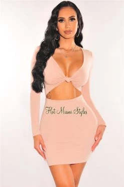 Vendor-unknown Nude V Neck Knotted Cut Out Long Sleeve Dress Just In