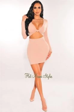 Vendor-unknown Nude V Neck Knotted Cut Out Long Sleeve Dress Just In