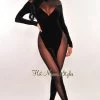 Vendor-unknown Black Mock Neck Velour Mesh Long Sleeve Jumpsuit Just In