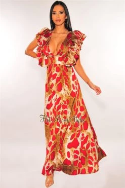 Vendor-unknown Red Snake Print Plunge V Neck Ruffle Sleeve Maxi Dress Just In