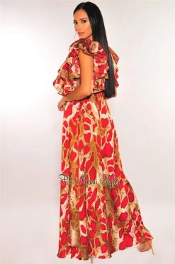 Vendor-unknown Red Snake Print Plunge V Neck Ruffle Sleeve Maxi Dress Just In