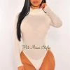Glamazon Off White Turtle Neck Fuzzy Ribbed Knit Long Sleeve Bodysuit