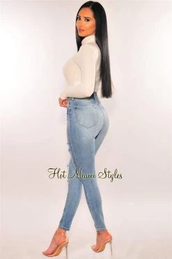 Glamazon Off White Turtle Neck Fuzzy Ribbed Knit Long Sleeve Bodysuit