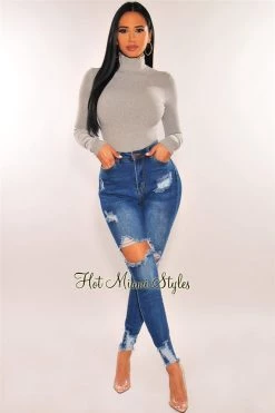 Glamazon Light Gray Ribbed Turtle Neck Long Sleeve Bodysuit