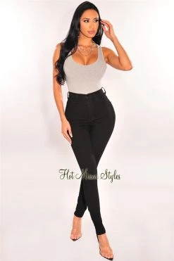 Vendor-unknown Light Gray Ribbed Round Neck Sleeveless High Cut Bodysuit Just In