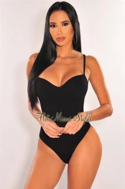 Vendor-unknown Black Ribbed Sweetheart Spaghetti Straps Bodysuit