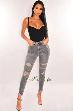 Vendor-unknown Black Ribbed Sweetheart Spaghetti Straps Bodysuit