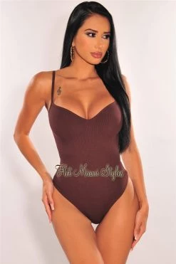 Vendor-unknown Chocolate Ribbed Sweetheart Spaghetti Straps Bodysuit