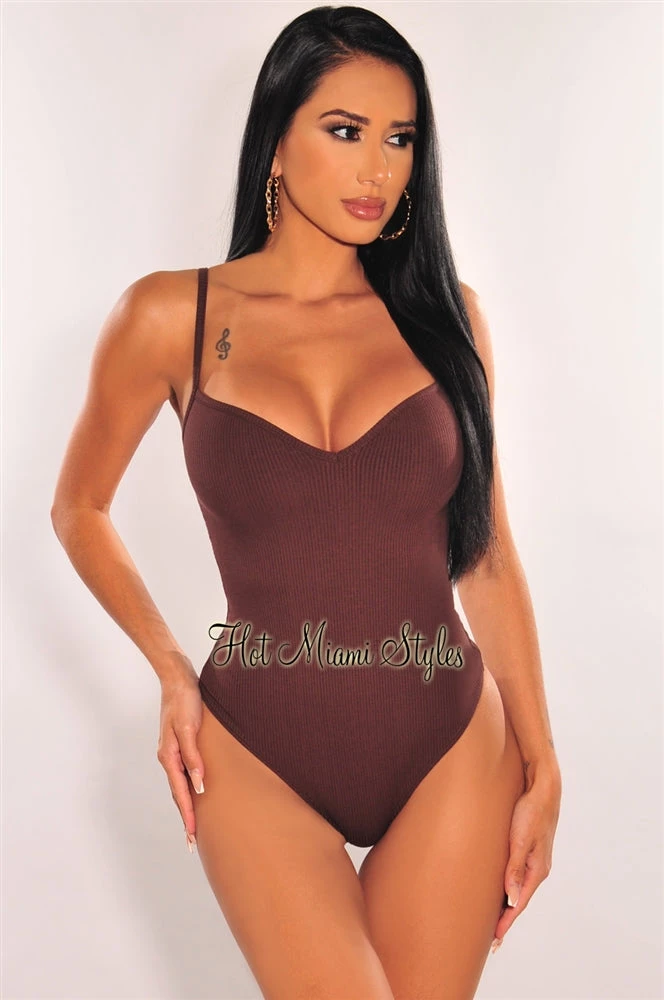 Vendor-unknown Chocolate Ribbed Sweetheart Spaghetti Straps Bodysuit