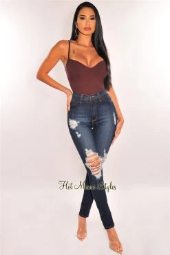 Vendor-unknown Chocolate Ribbed Sweetheart Spaghetti Straps Bodysuit