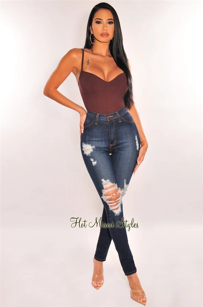 Vendor-unknown Chocolate Ribbed Sweetheart Spaghetti Straps Bodysuit